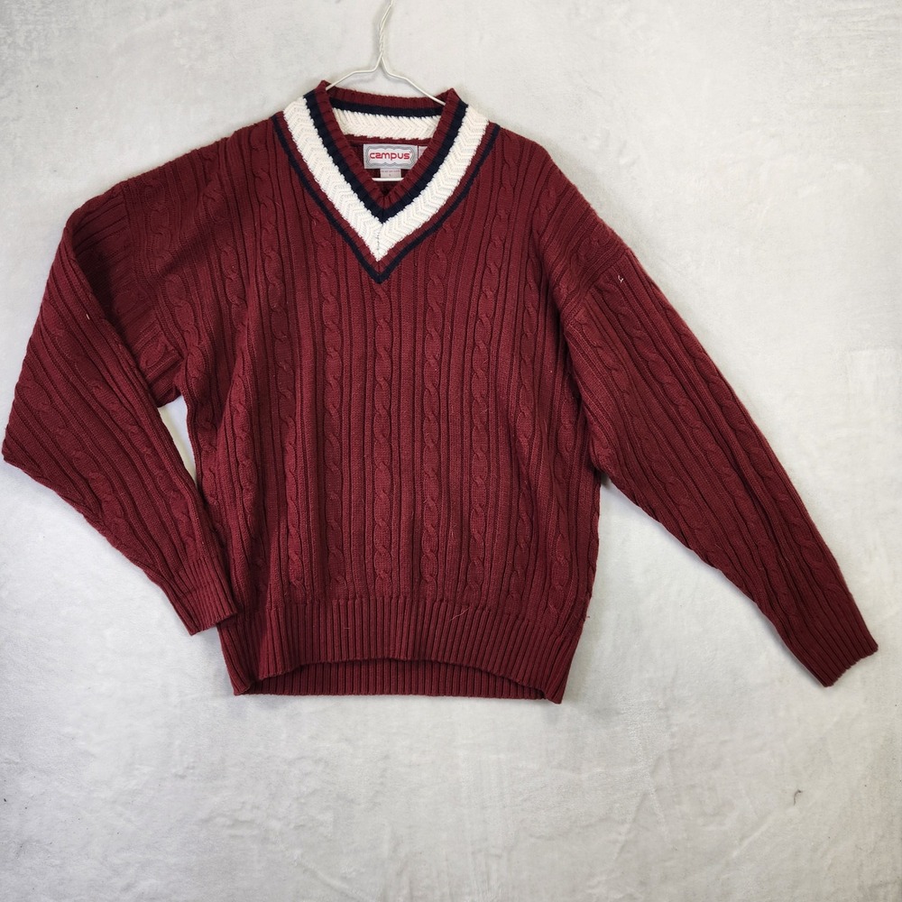 Campus Mens Vintage Cable Knit V-Neck Sweater‎ Burgundy Red Striped Trim Large